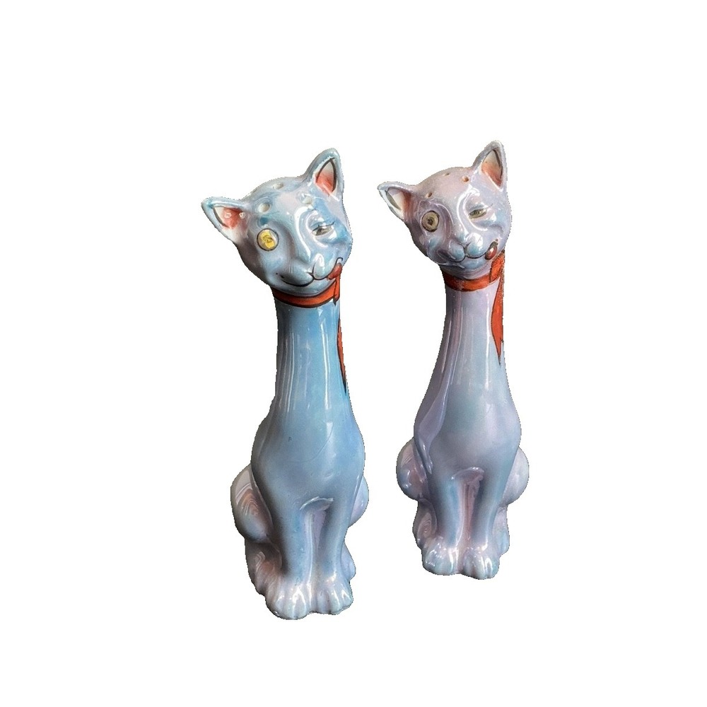 Two Vintage MCM Ceramic Long Neck Cat Figurines Rhinestone Eyes 4" Japan